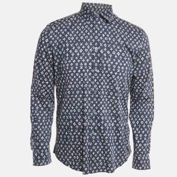 Pre Owned Louis Vuitton Navy Blue Logo Print Cotton Button Front Shirt M