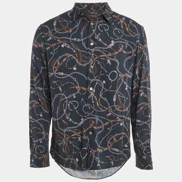 Pre Owned Louis Vuitton Navy Blue Twisted Chain Monogram Print Viscose Shirt S