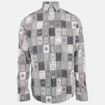 Pre Owned Louis Vuitton Navy Blue/White Printed Cotton Button Front Shirt M