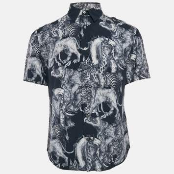 Pre Owned Louis Vuitton Navy Blue Printed Half Sleeve Button Front Shirt M