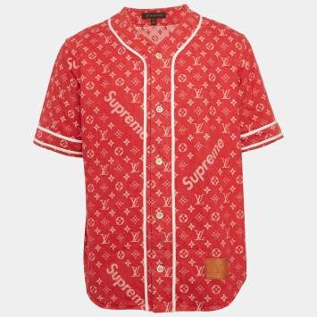 Louis Vuitton x Supreme Red Monogram Denim Baseball Shirt M