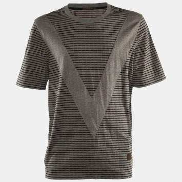 Louis Vuitton Grey Striped Cotton V Detail Crew Neck T-Shirt XXL