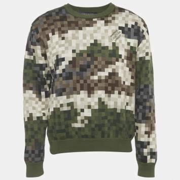 Pre Owned Louis Vuitton Green Damier Cotton Jacquard Stud Detail Pullover M