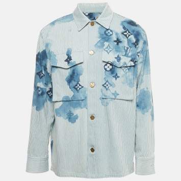 Pre Owned Louis Vuitton Blue Monogram & Watercolor Print Denim Oversized Shirt M 