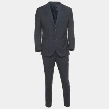 Louis Vuitton Navy Blue Checkered Wool Suit L