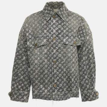 Pre Owned Louis Vuitton Grey Embellished Monogram Raw Edge Denim Jacket XS