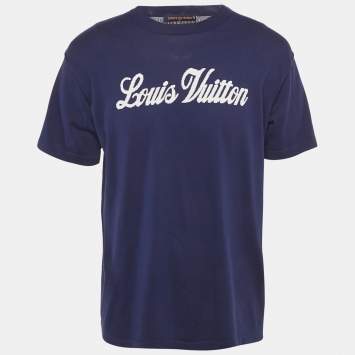 Pre Owned Louis Vuitton Navy Blue Knit Logo Embroidered T-Shirt XL