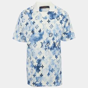 Pre Owned Louis Vuitton Blue Watercolor Logo Printed Cotton Knit T-Shirt L