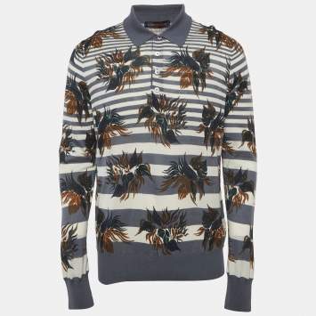 مملوكة مسبقًا تي شيرت لوي فيتون قطن مخطط أزرق زهور بولو مقاس كبير