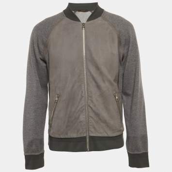 Pre Owned Louis Vuitton Grey Leather and Cotton Knit Blouson L