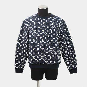 Pre Owned Louis Vuitton Monogram All-Over Print Knitted Fabric Size S Navy/Whiterm211Q Cotton Nylon Polyurethane S