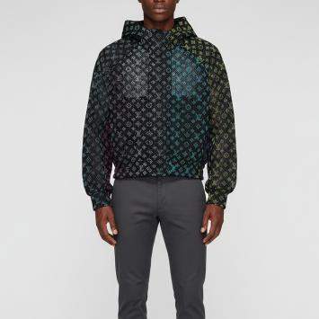 Pre Owned جاكيت لوي فيتون شبكة شعار أسود أمين بريك بغطاء رأس بسحاب مقاس متوسط