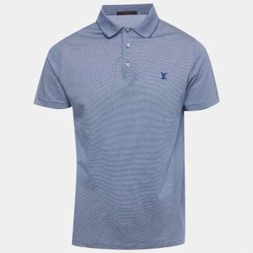 Pre Owned Louis Vuitton Blue/White Logo Embroidered Textured Cotton Polo T-Shirt L 