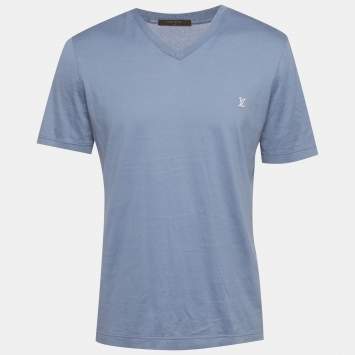 Pre Owned Louis Vuitton Blue Logo Embroidery Jersey V- Neck T-Shirt XL 