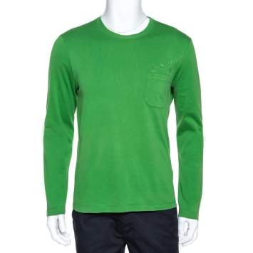 Pre Owned Louis Vuitton Green Cotton Monogram Detail Long Sleeve T-Shirt M