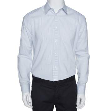 Pre Owned Louis Vuitton White & Blue Cotton Graph Check Shirt L