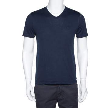 Pre Owned Louis Vuitton Navy Blue Cotton V-Neck T-Shirt S