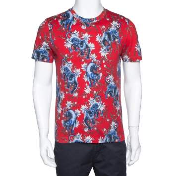 Pre Owned Louis Vuitton Red Panther Print Cotton Crew Neck T-Shirt S