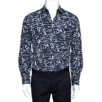 Pre Owned Louis Vuitton Navy Blue Printed Cotton Long Sleeve Shirt M