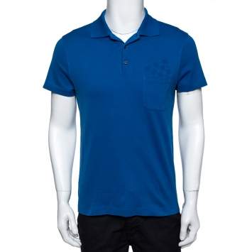 Pre Owned Louis Vuitton Blue Cotton Damier Pocket Detail Polo T-Shirt S