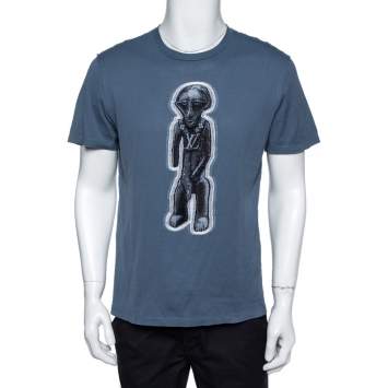 Pre Owned Louis Vuitton Stone Blue Cotton Zulu Statue Crew Neck T-Shirt M