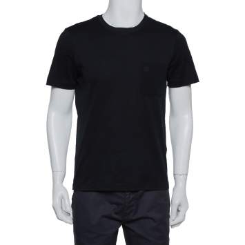 Pre Owned Louis Vuitton Black Cotton Damier Pocket Detail Crewneck T-Shirt S