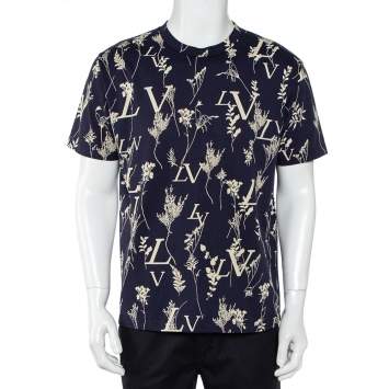 Pre Owned Louis Vuitton Navy Blue Leaf Discharge Printed Cotton Crewneck T-Shirt L