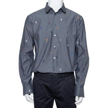 Pre Owned Louis Vuitton Grey Cotton Fil Coupé Detail DNA Collared Shirt M