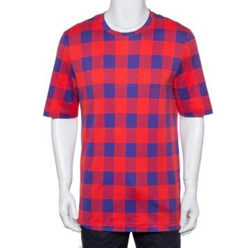 Pre Owned Louis Vuitton Red & Blue Masai Damier Printed Cotton Crewneck T-Shirt XXL