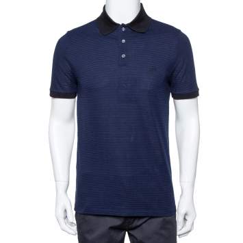 Pre Owned Louis Vuitton Blue and Black Horizontal Striped Cotton Pique Polo T-Shirt M