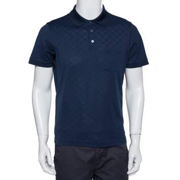 Pre Owned Louis Vuitton Navy Blue Cotton Pique Damier Pattern Polo T-Shirt L