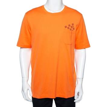 Pre Owned Louis Vuitton Orange Cotton Damier Pocket Printed Crewneck T-Shirt XXL