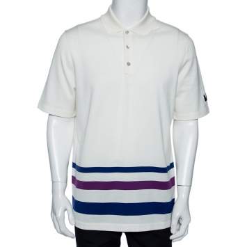 Pre Owned Louis Vuitton Off-White Cotton Striped Detail Polo T-Shirt XL