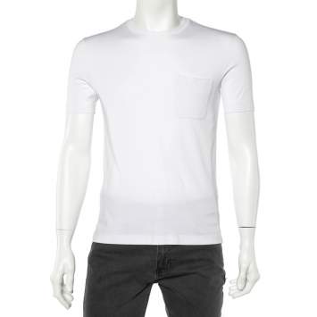 Pre Owned Louis Vuitton White Cotton Damier Pocket Detail Crewneck T-Shirt XS
