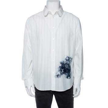 Pre Owned Louis Vuitton Off-White Striped Monogram Spray Print Detailed Regular Fit Shirt XXL 
