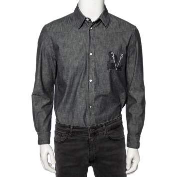 Pre Owned Louis Vuitton Charcoal Grey Lightweight Denim Button Front Shirt M