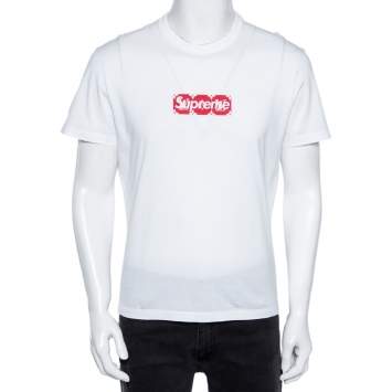Pre Owned Louis Vuitton X Supreme White Logo Printed Cotton Short Sleeve T-Shirt S