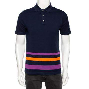 Pre Owned Louis Vuitton Navy Blue Cotton Striped Detail Polo T-Shirt S