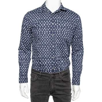 Pre Owned Louis Vuitton Indigo Blue Logo Printed Cotton Button Front Shirt S 