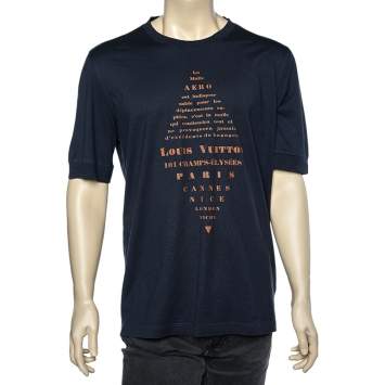 Pre Owned Louis Vuitton Navy Blue Printed Cotton Knit Crewneck T-Shirt XXL