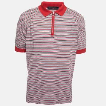 Pre Owned Louis Vuitton Red Striped Cotton Zip Polo T-Shirt 4XL