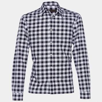 Pre Owned Louis Vuitton Navy Blue Damier Check Print Cotton Long Sleeve Shirt XL