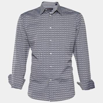 Pre Owned Louis Vuitton Dark Blue Monogram Jacquard Cotton Slim Fit Shirt L