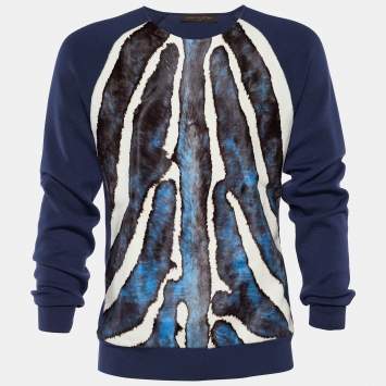 Pre Owned Louis Vuitton Navy Blue Calfskin Paneled Pullover L