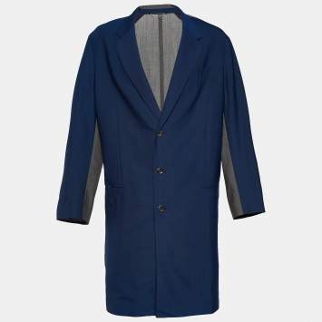 Pre Owned Louis Vuitton Blue & Grey Wool Button Front Coat M