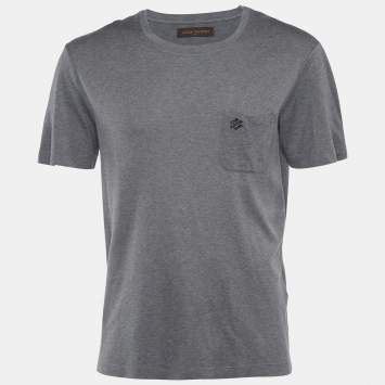 Pre Owned Louis Vuitton Grey Cotton Damier Pocket Detail Crew Neck T-Shirt L