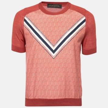 Pre Owned Louis Vuitton Rust Printed Silk & Cashmere Paneled Round Neck T-Shirt M
