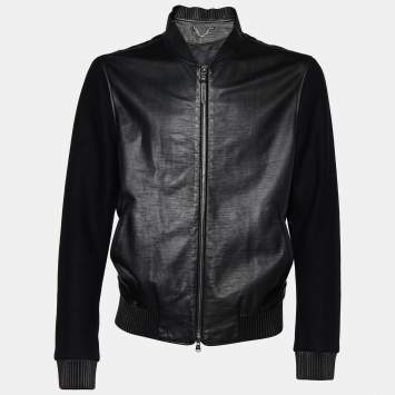 Pre Owned Louis Vuitton Black Leather & Wool Bomber Jacket XL