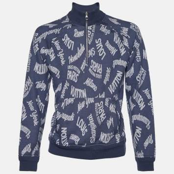 Pre Owned Louis Vuitton Blue Cities Jacquard Knit Half Zip Sweater L