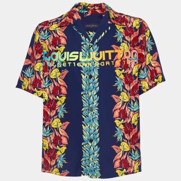Pre Owned Louis Vuitton Navy Blue Tropical Logo Print Crepe Hawaiian Shirt L